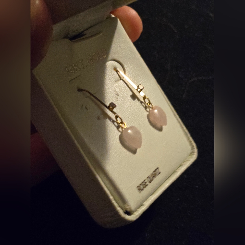14 karat gold, pink rose quartz heart earrings